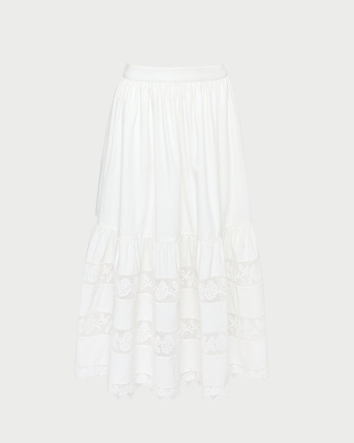 Delaney Midi skirt in cream cotton with lace detailing.