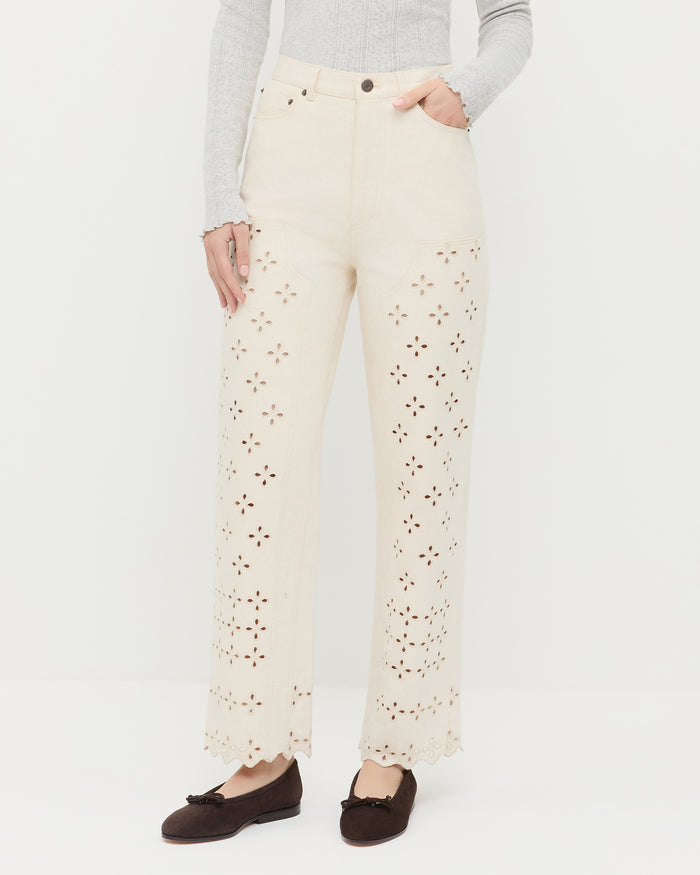 Demi Embroidered Pant in natural cotton, Lolo Pointelle Long Sleeve in grey cotton, and Noelle Brown Suede Ballet Flat.