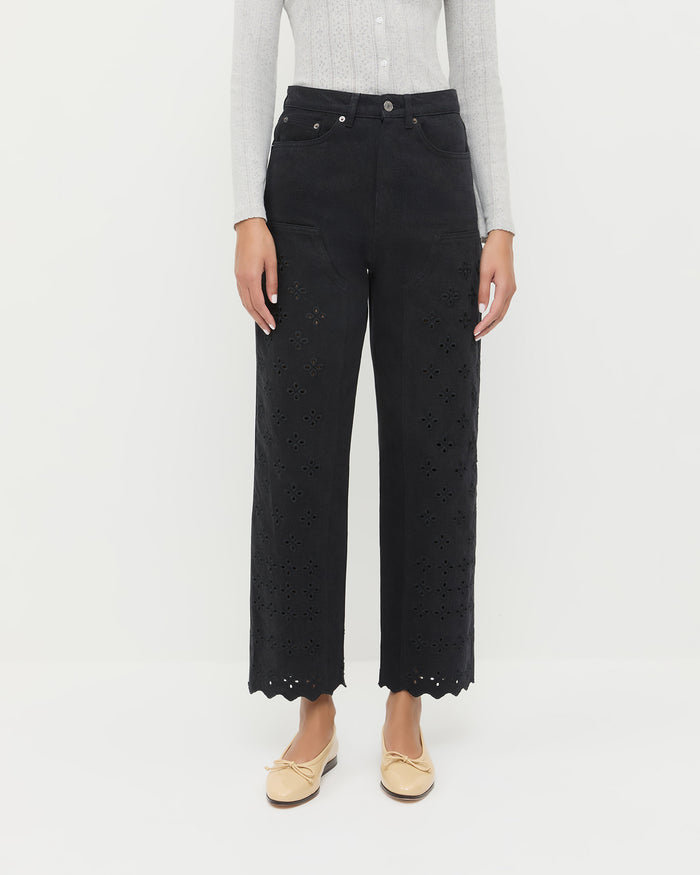 Demi Embroidered Pant in black denim and Lolo Pointelle Long-Sleeve Tee in grey cotton.