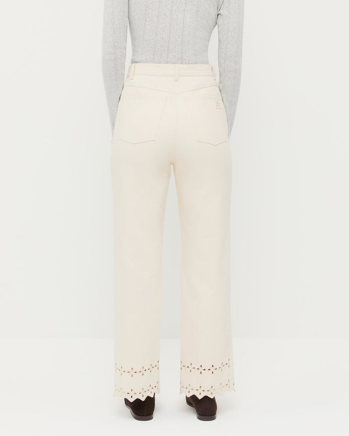 Demi Embroidered Pant in natural cotton, Lolo Pointelle Long Sleeve in grey cotton, and Noelle Brown Suede Ballet Flat.