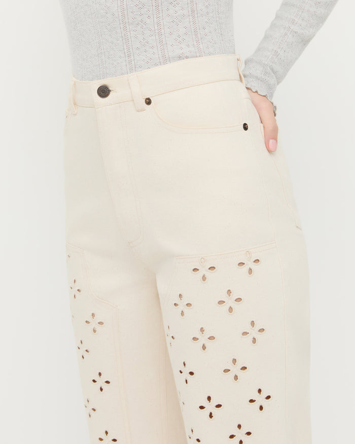 Demi Embroidered Pant in natural cotton and Lolo Pointelle Long Sleeve in grey cotton.