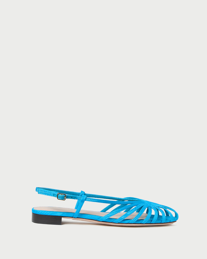 Devon Blue Moiré Slingback Sandal in blue moiré.