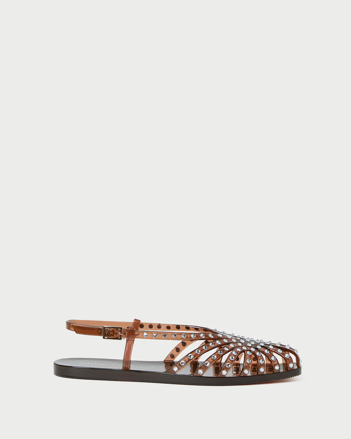Devon Brown Jelly Slingback Sandal in brown jelly with crystal embellishments.