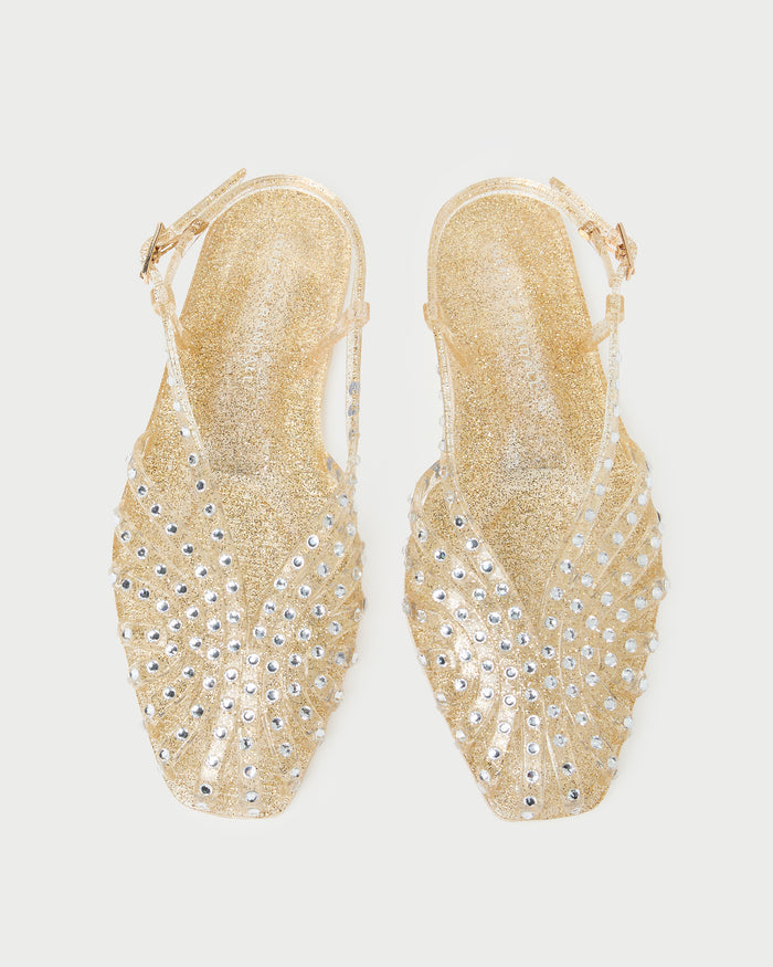 Devon Champagne Jelly Slingback Sandal in champagne jelly with crystal embellishments.