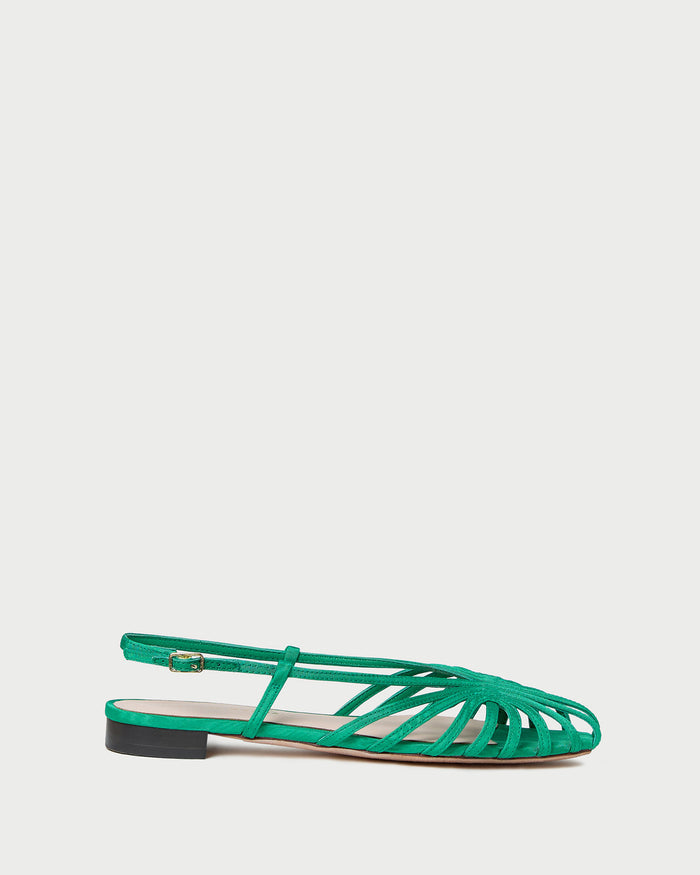 Devon Green Moiré Flat Slingback Sandal in green moiré.