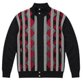 Black and red men's mock-neck full-zip diamond-pattern sweater with suede accents