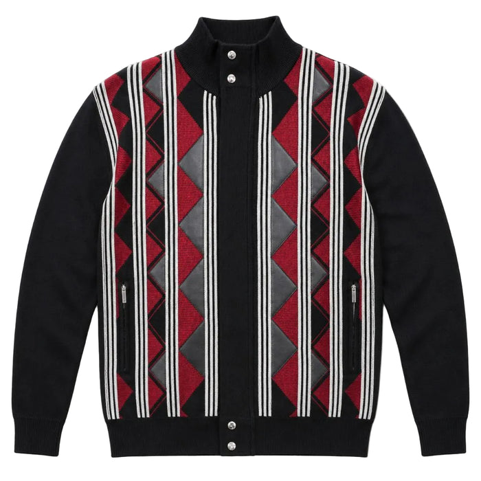 Black and red men's mock-neck full-zip diamond-pattern sweater with suede accents
