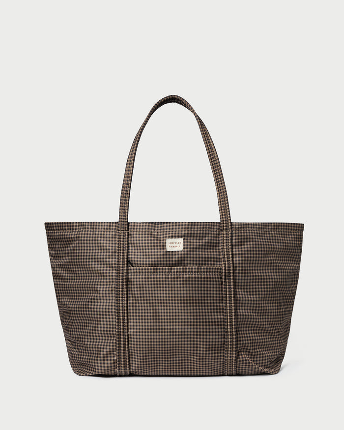 Dina Brown/Black Check Travel Tote in brown and black check nylon.