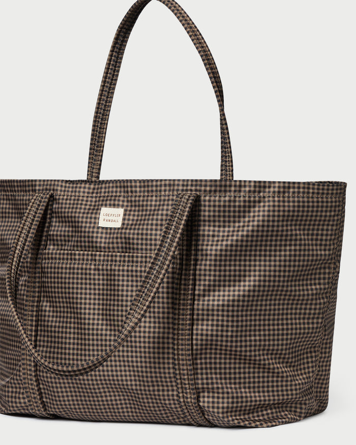 Dina Brown/Black Check Travel Tote in brown and black check nylon.