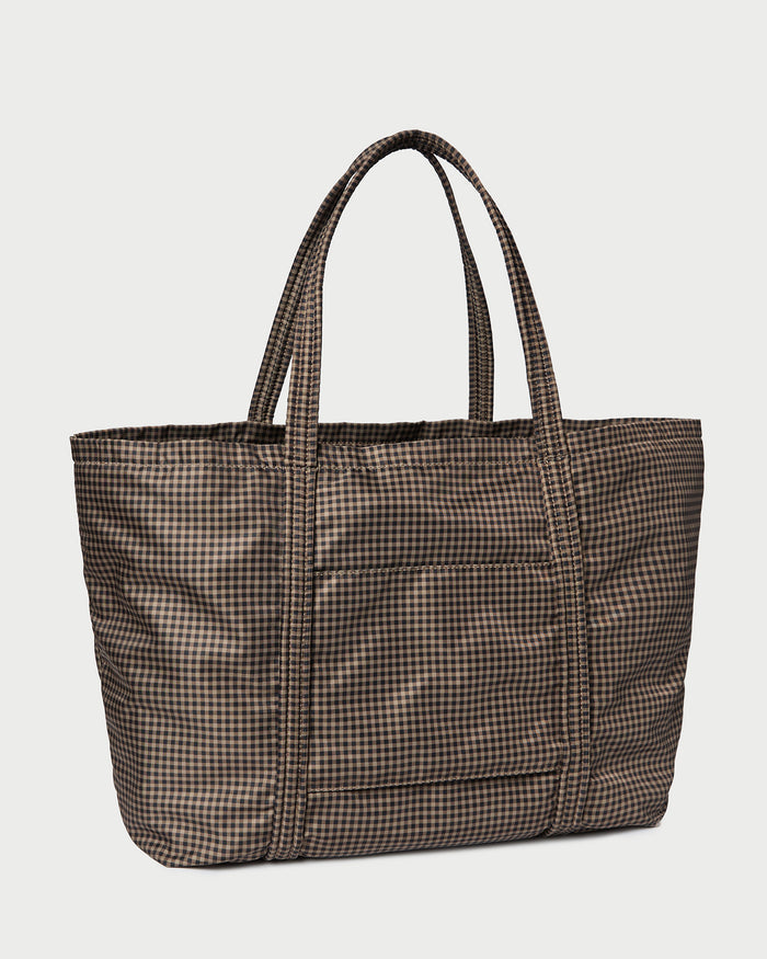 Dina Brown/Black Check Travel Tote in brown and black check nylon.