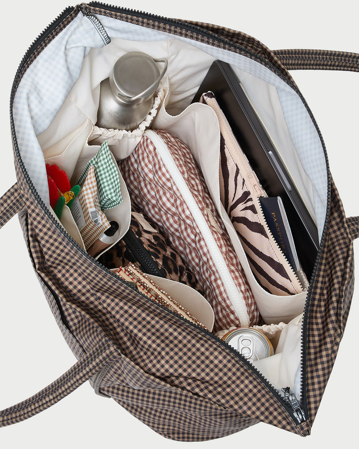 Dina Brown/Black Check Travel Tote in brown and black check nylon.
