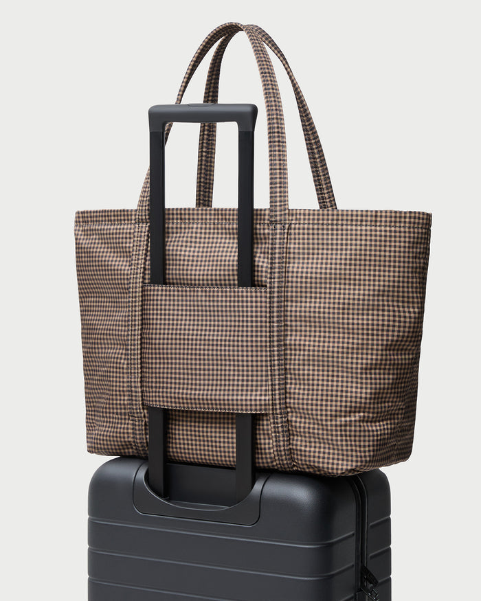 Dina Brown/Black Check Travel Tote in brown and black gingham nylon