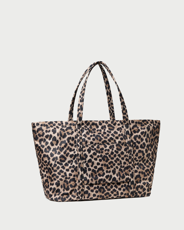 Dina Brown/Leopard Travel Tote in brushed leopard nylon.