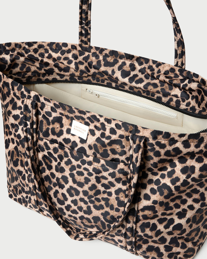 Dina Brown/Leopard Travel Tote in brushed leopard nylon.