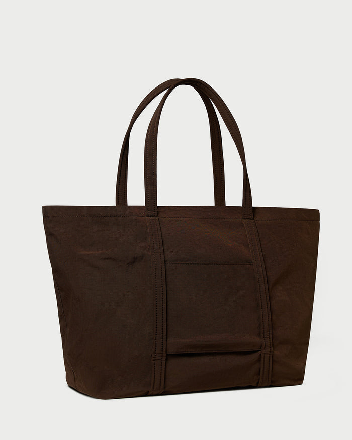 Dina Chocolate Travel Tote in chocolate brown water-resistant nylon.