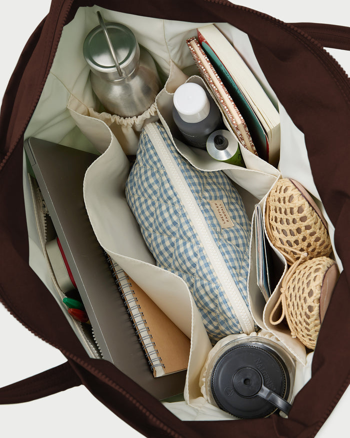 Dina Chocolate Travel Tote in chocolate brown water-resistant nylon.