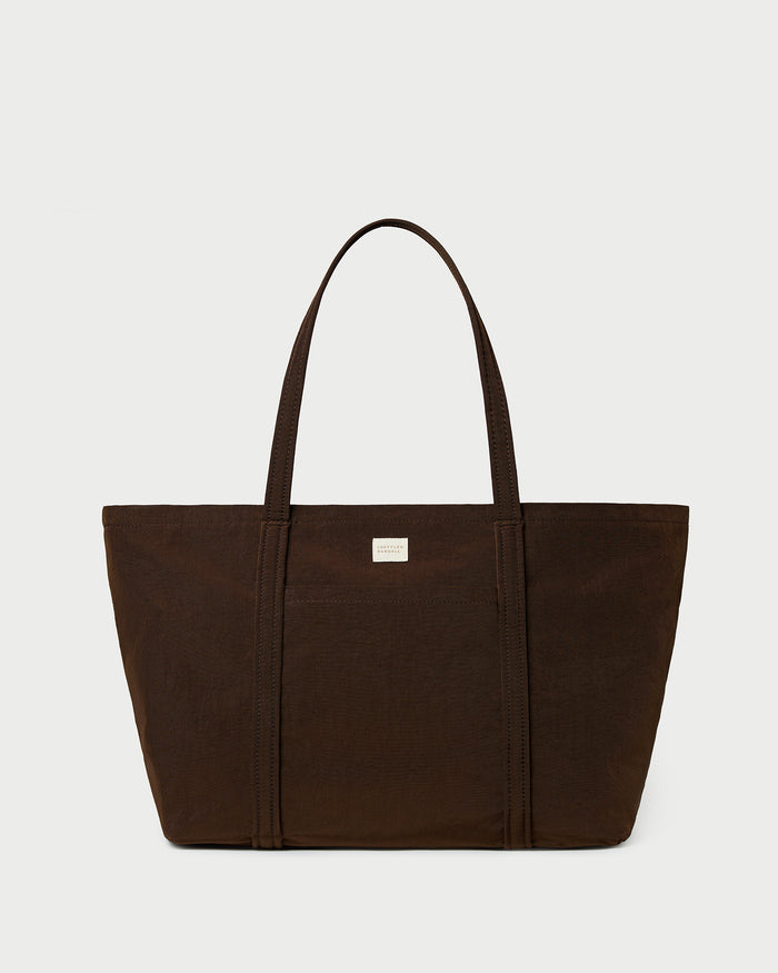 Dina Chocolate Travel Tote in chocolate brown water-resistant nylon.