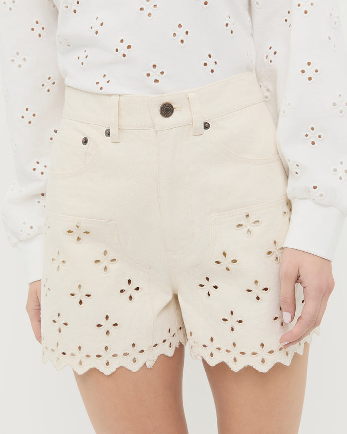 Dover Embroidered Short in natural denim and Twilla Embroidered Top in cream jersey cotton.