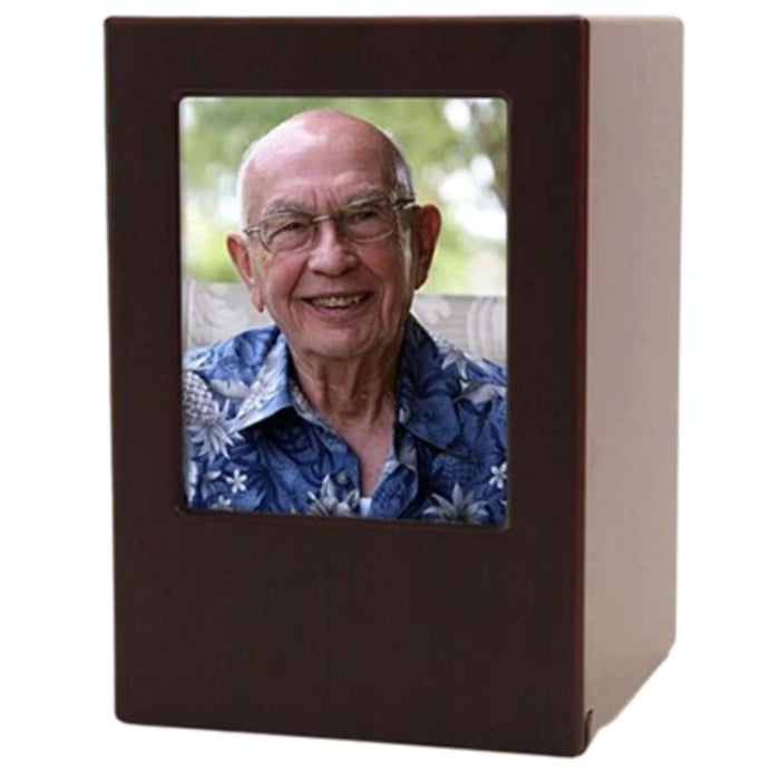 Economy mdf adult photo urns-wood finish cremation supplies and equipment product