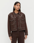 Elijah Studded Denim Jacket in espresso brown denim and silver studs and Molly Workwear Jean in dark brown.