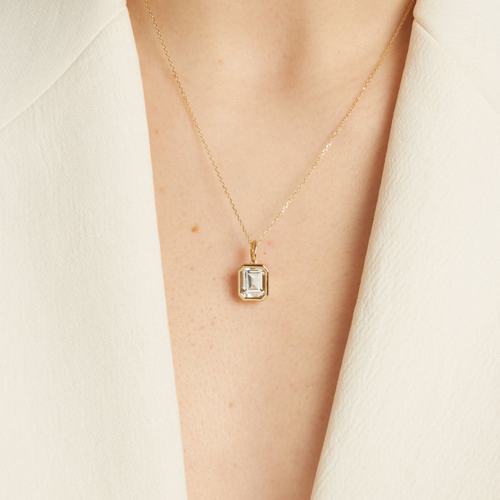 Emerald bezel diamond pendant on dainty necklace