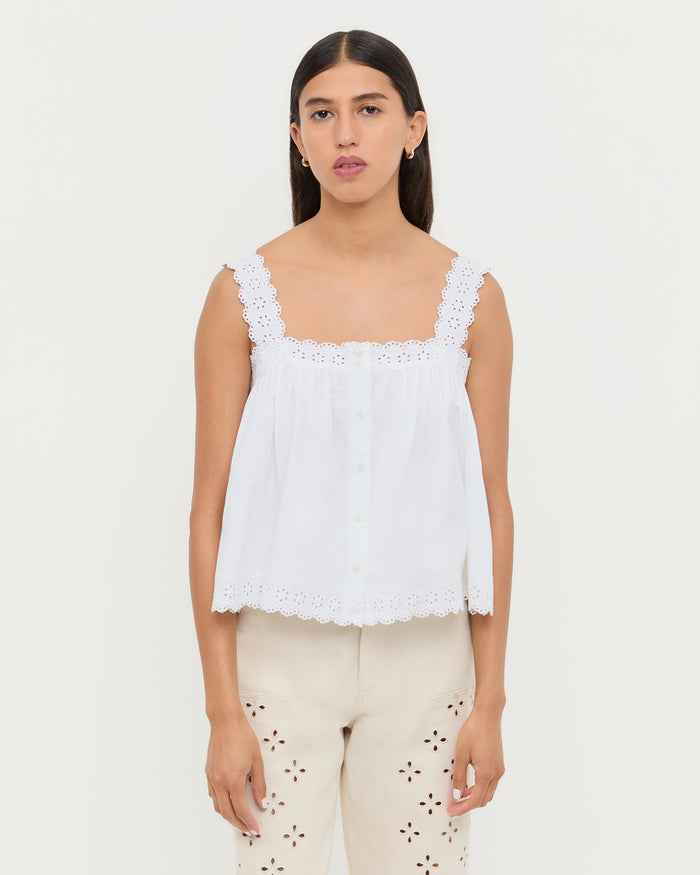 Emma Sleeveless Poplin Top in white cotton and Demi Embroidered Pant in natural cotton.