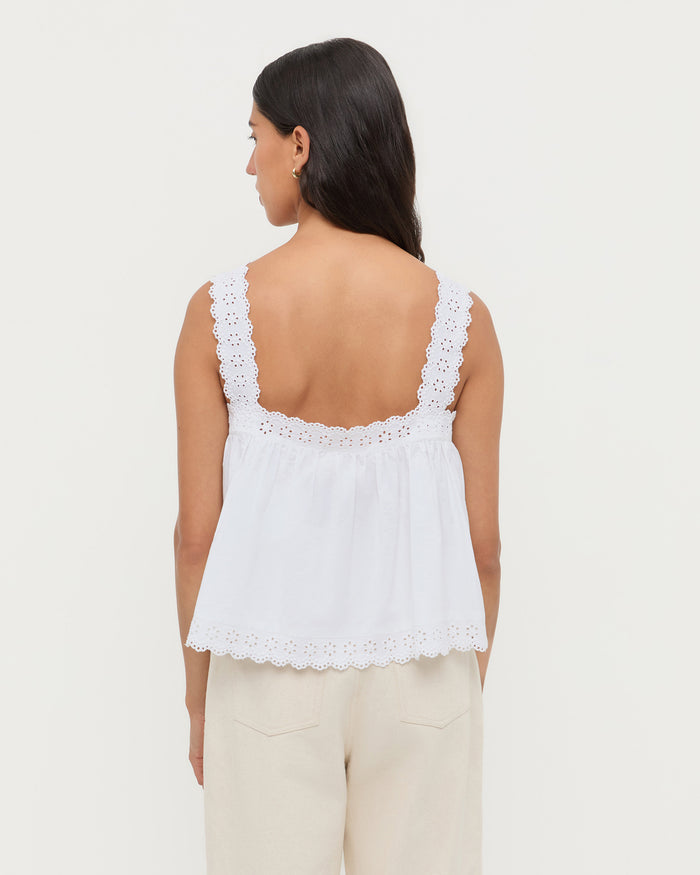 Emma Sleeveless Poplin Top in white cotton and Demi Embroidered Pant in natural cotton.