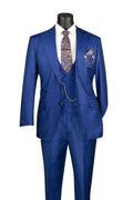 Estate blue regular fit 3 piece men's sharkskin suit with vest and adjustable waist pants