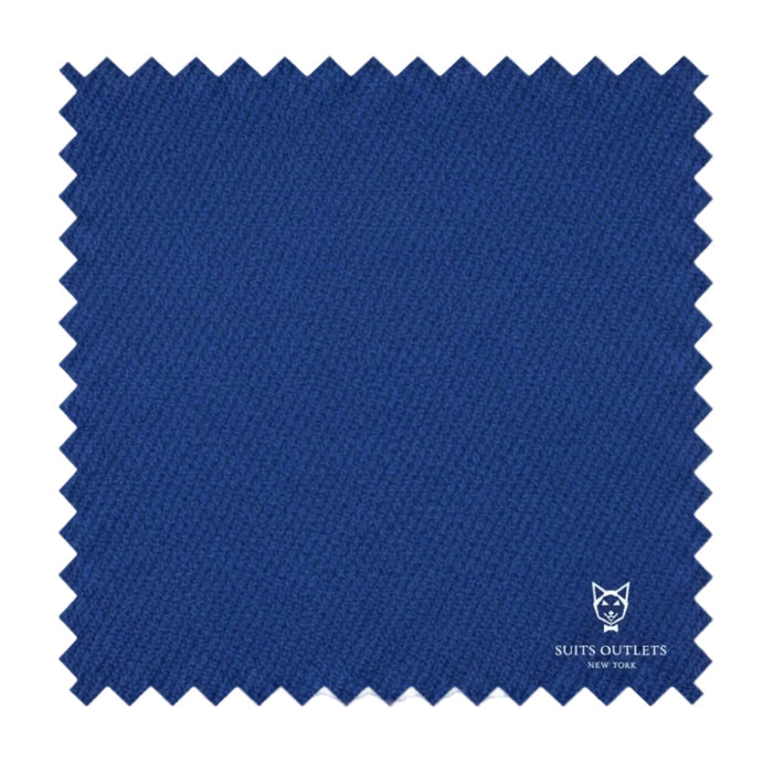 Blue fabric swatch with 'Suits Outlets' branding on a white background
