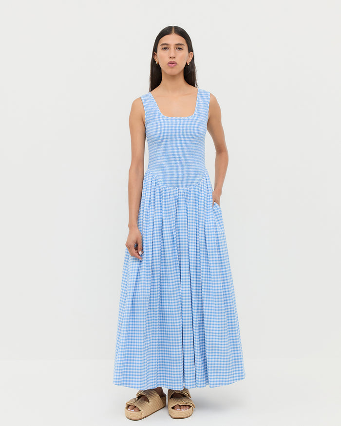Estelle Dress in blue gingham cotton and Nico Natural Two-Band Sandal.