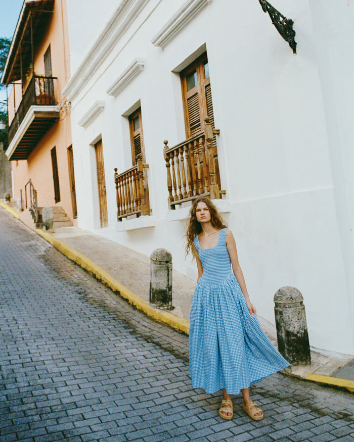 Estelle Dress in blue gingham cotton and Nico Natural Two-Band Sandal.