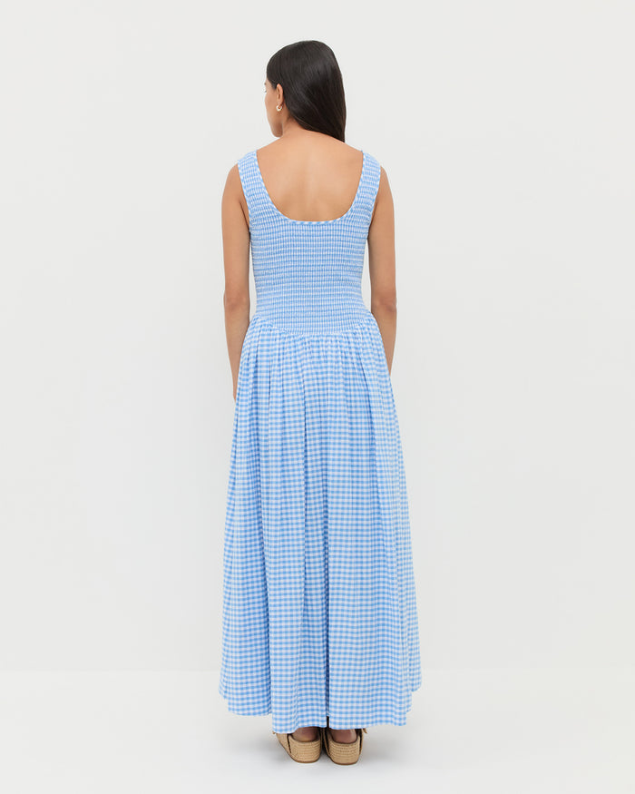Estelle Dress in blue gingham cotton and Nico Natural Two-Band Sandal.