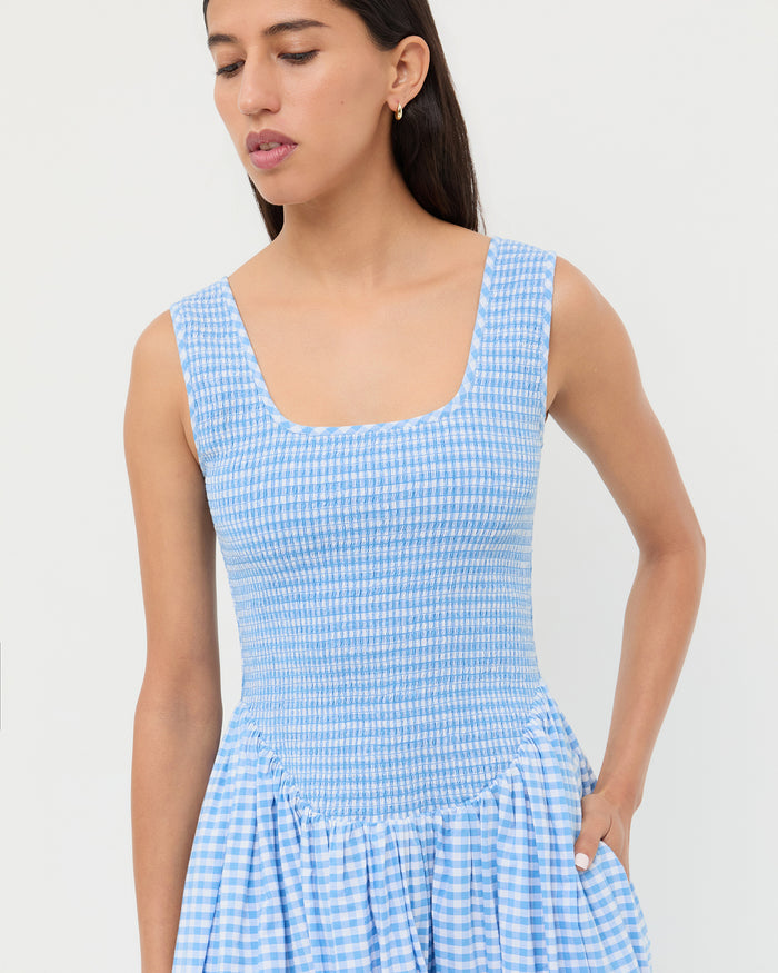 Estelle Dress in blue gingham cotton.