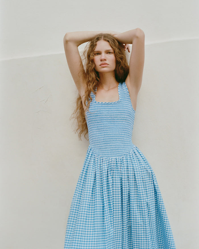 Estelle Dress in blue gingham cotton.