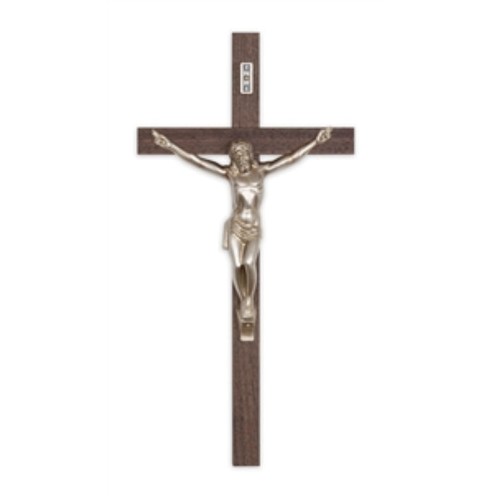 Exterior 12" walnut crucifix-antique silver corpus used in funeral service operations, from lynch supply