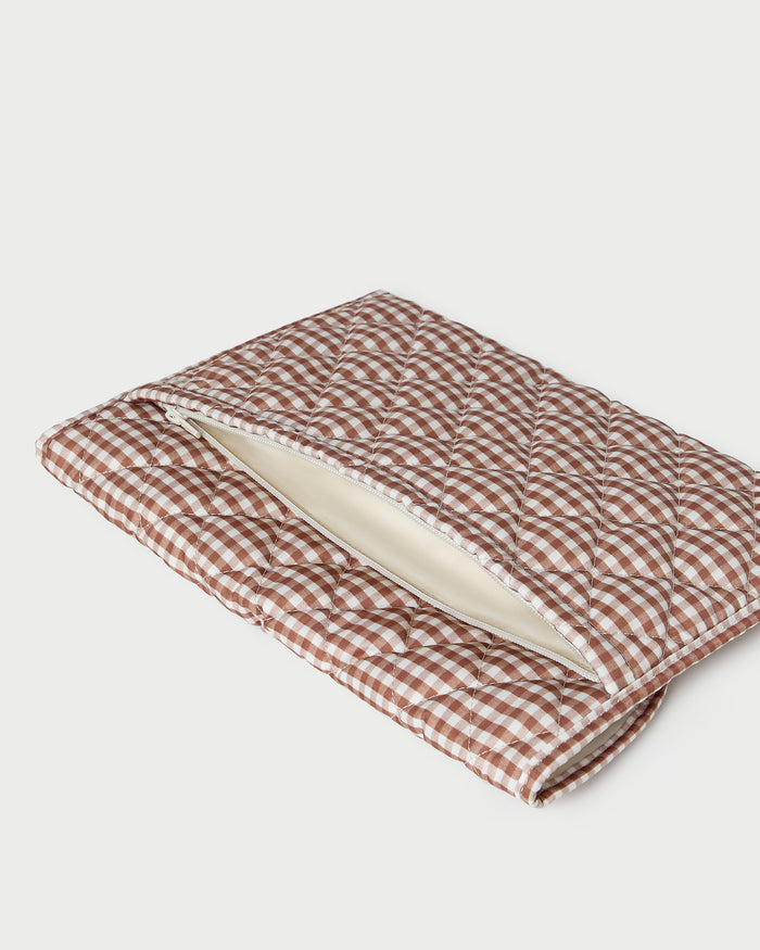 Faris Brown Gingham Laptop Sleeve in brown gingham nylon.