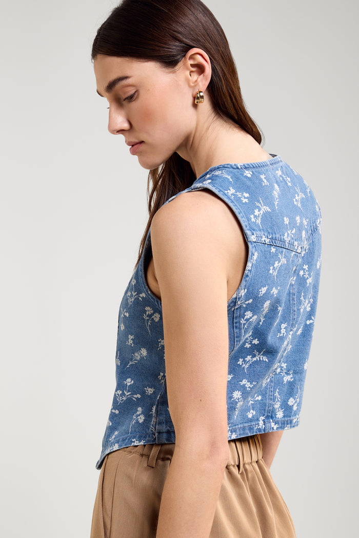 Floral Print Denim Vest - 3034
