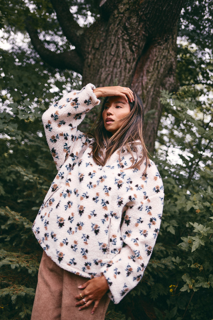 Floral Print Sherpa Fleece Half Zip Sweater - 3038