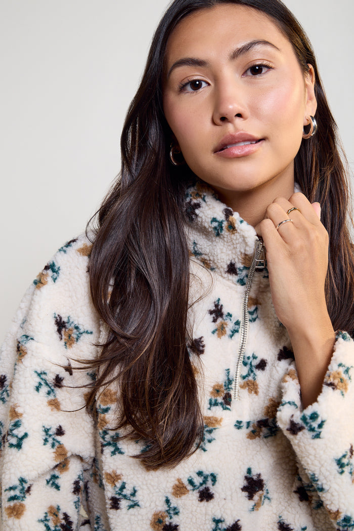 Floral Print Sherpa Fleece Half Zip Sweater - 3038