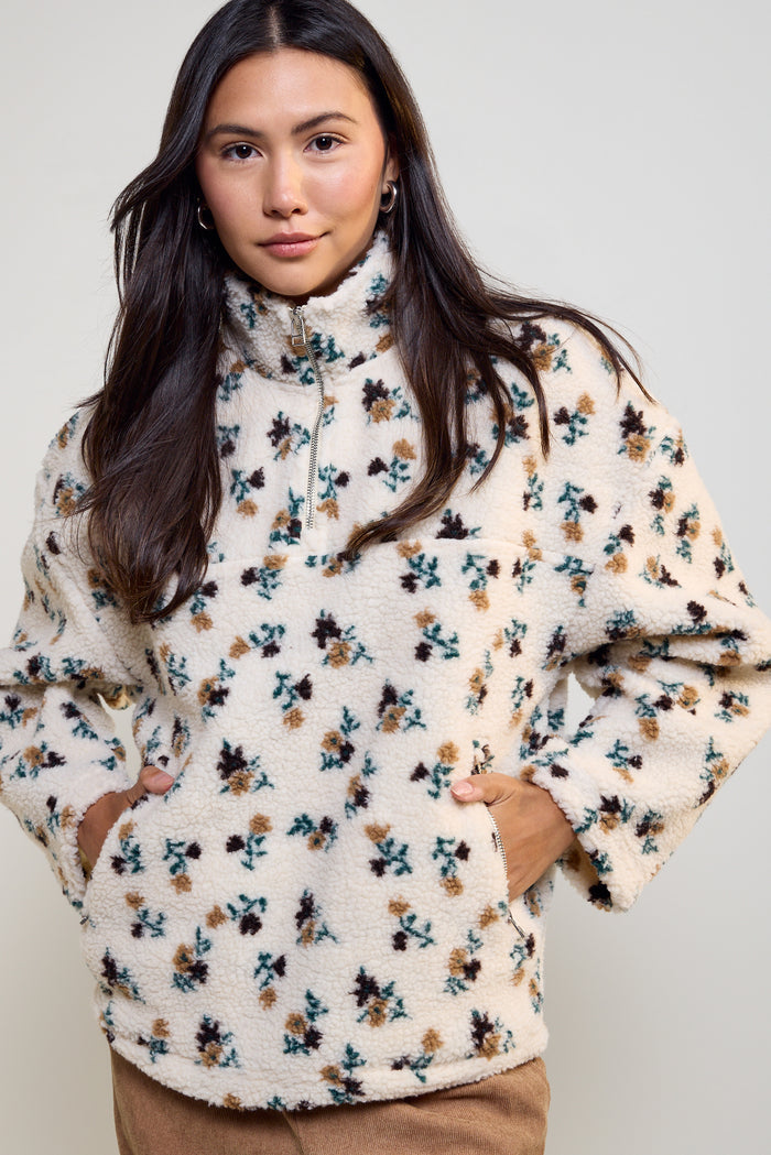 Floral Print Sherpa Fleece Half Zip Sweater - 3038