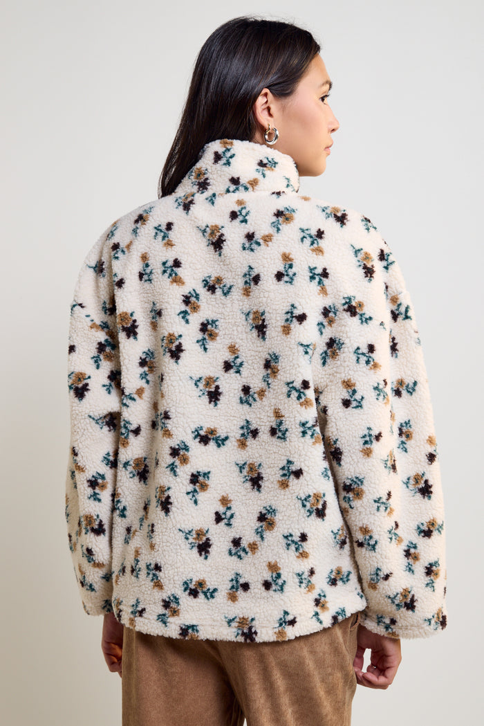 Floral Print Sherpa Fleece Half Zip Sweater - 3038