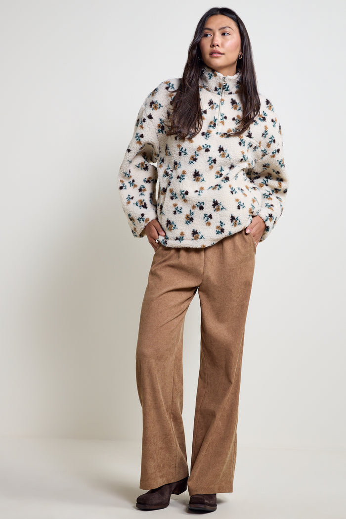 Floral Print Sherpa Fleece Half Zip Sweater - 3038