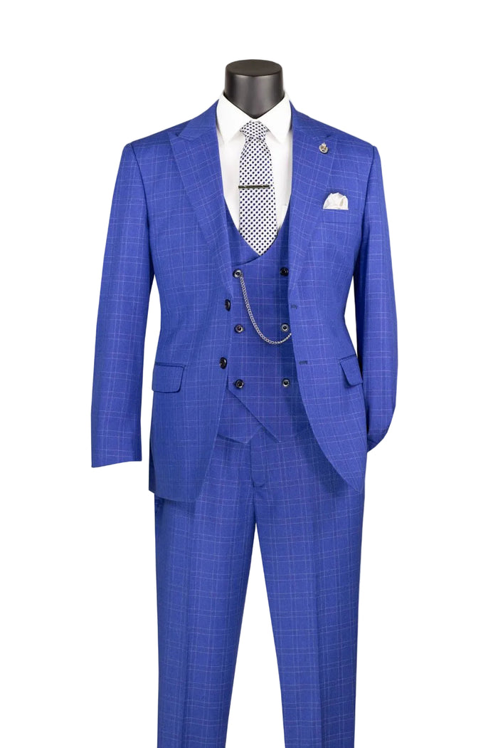Blue regular fit 3 piece men's glen plaid suit