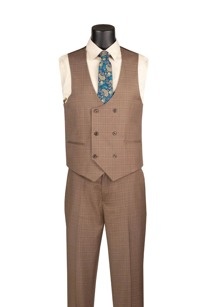 A men's three-piece suit displayed on a black mannequin torso, featuring a toast brown double-breasted waistcoat, matching brown plaid trousers, a cream dress shirt, and a blue patterned tie.