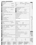 A black and white printed Funeral Arrangements form with multiple labeled fields, checkboxes, and lines for documenting deceased person details, contacts, and arrangements.
