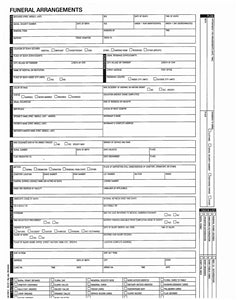 A black and white printed Funeral Arrangements form with multiple labeled fields, checkboxes, and lines for documenting deceased person details, contacts, and arrangements.