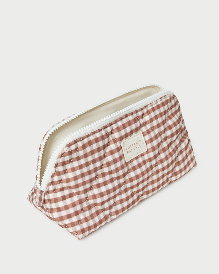 Georgette Brown Gingham Mini Cosmetic Pouch in brown gingham nylon.