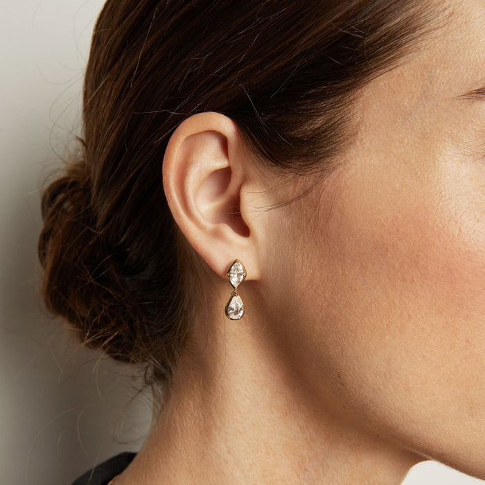 Model. Close-up of a person wearing a teardrop earring with a neutral background