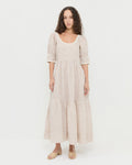 Gillian Sleeve Dress in brown and cream linen and Shelly Bisque Leather Flat Sandal.