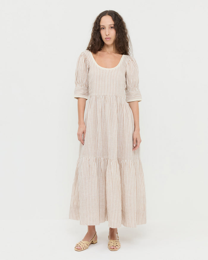 Gillian Sleeve Dress in brown and cream linen and Shelly Bisque Leather Flat Sandal.
